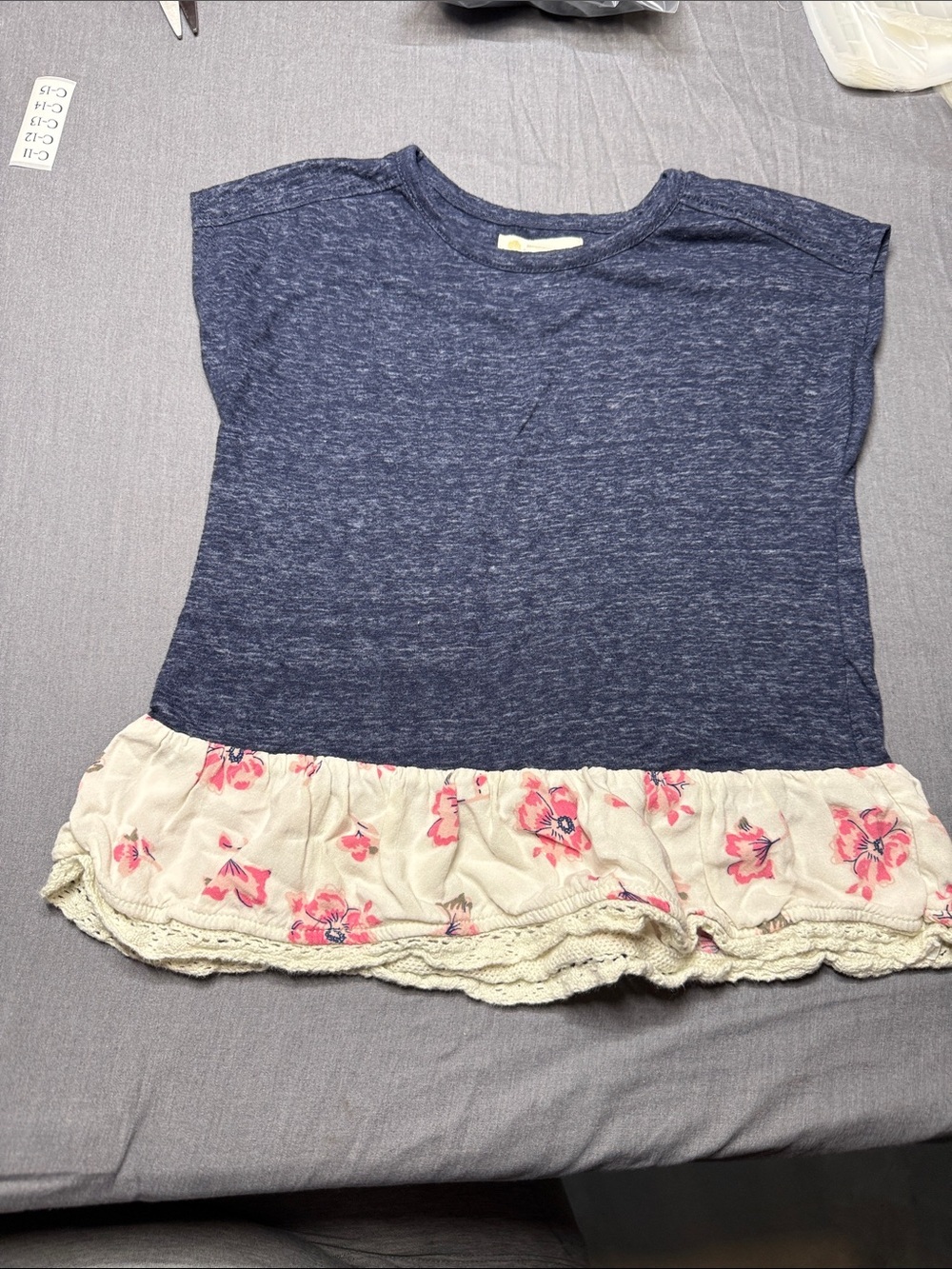 Tucker + Tate Navy Knit Tee with Cream Floral Ruffle Hem